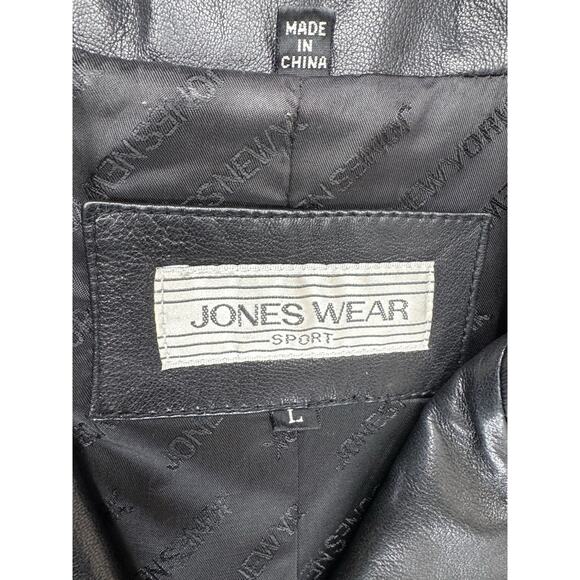 Vintage Jones Wear Sport Black Leather Button Front Long Coat L Classic 90s Y2K - Picture 2 of 12